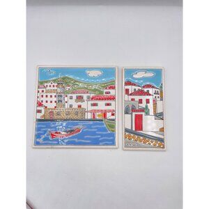 Knossos Set of 2 Vintage Greek Ceramic Art Tiles With Island of Spetses in Greec